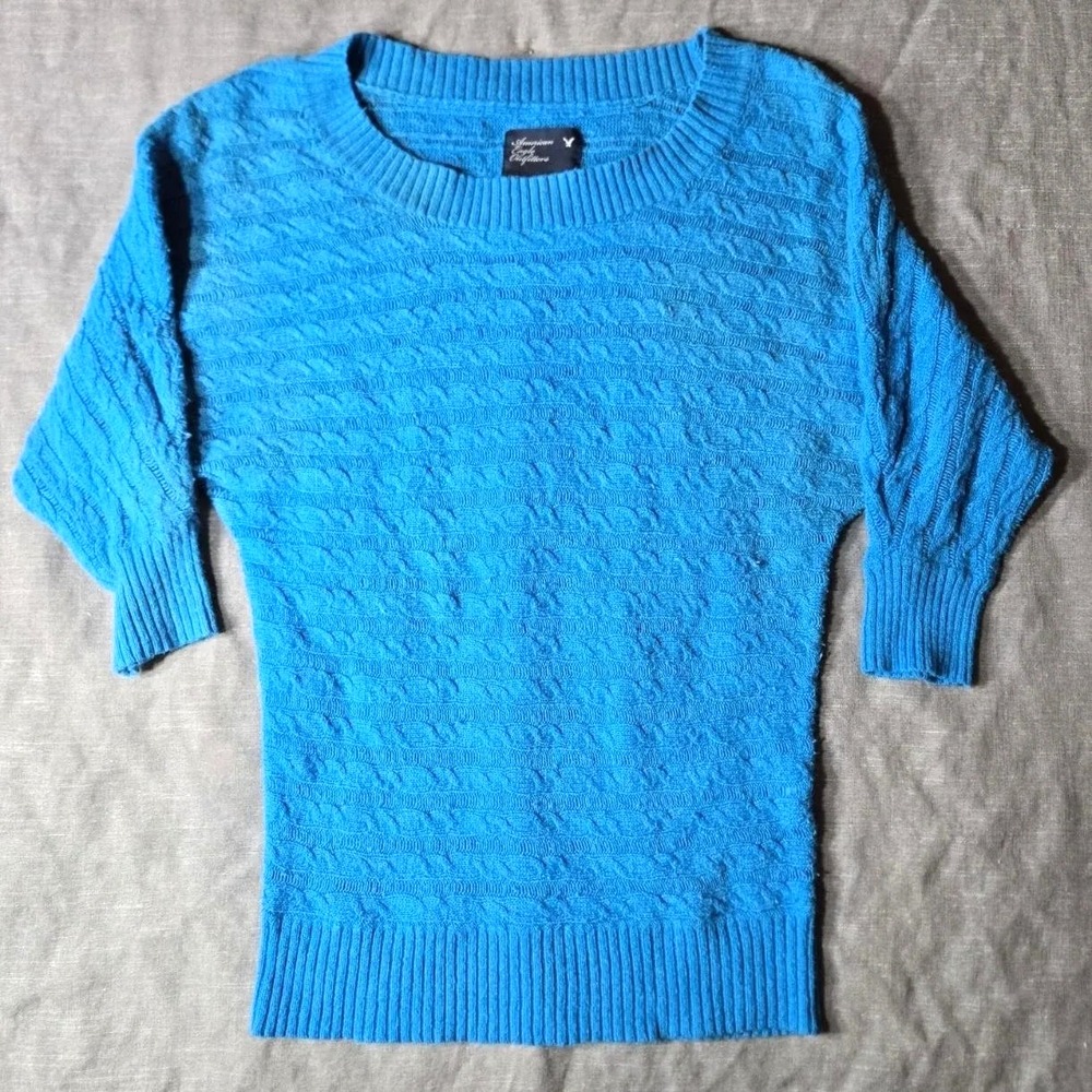 Vintage Y2K American Eagle Sweater Womens Large Blue Cable Knit Retro 90s Soft